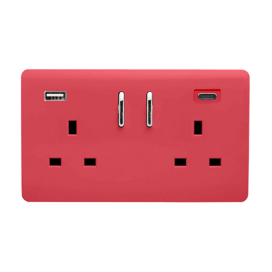 Strawberry Screwless 2 Gang Switched Double Socket 13A With 1 x USB-A & 1 x USB-C 45W (Shared), (35mm Back Box Req.), 10yrs Warranty