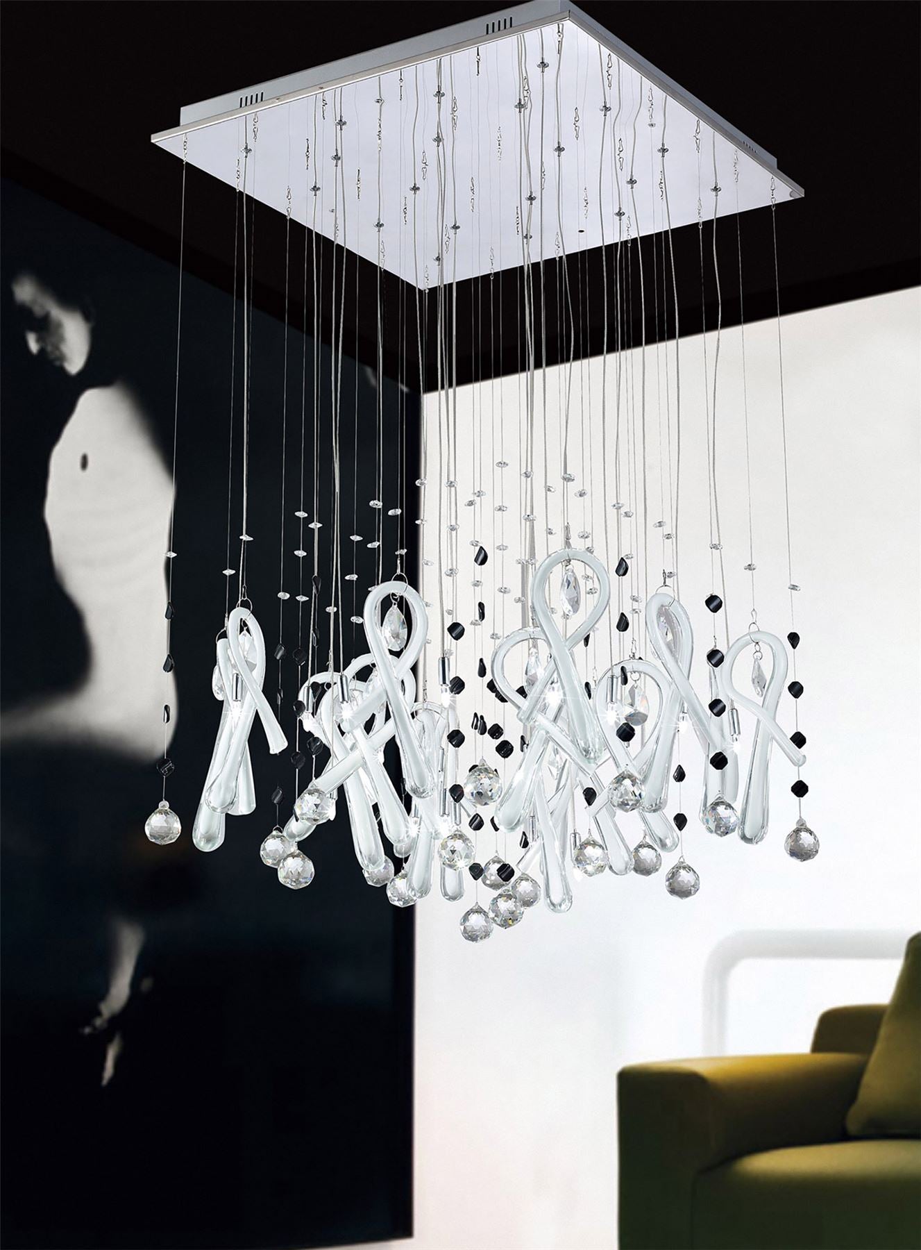 Diyas Class  Square 20 Light G4 Polished Chrome/White Glass/Crystal, NOT LED/CFL Compatible Ceiling Pendant Light Fitting