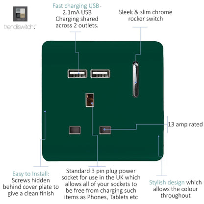 Trendi 1 Gang Artistic Modern Glossy 13 Amp 2x2.1mA USB Switched Tactile Dark Green