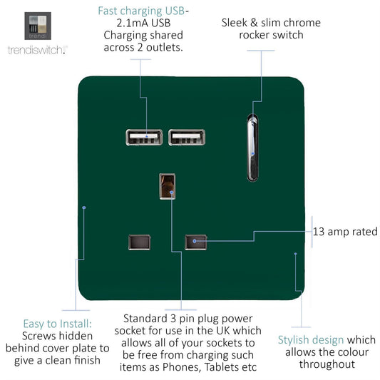 Trendi 1 Gang Artistic Modern Glossy 13 Amp 2x2.1mA USB Switched Tactile Dark Green