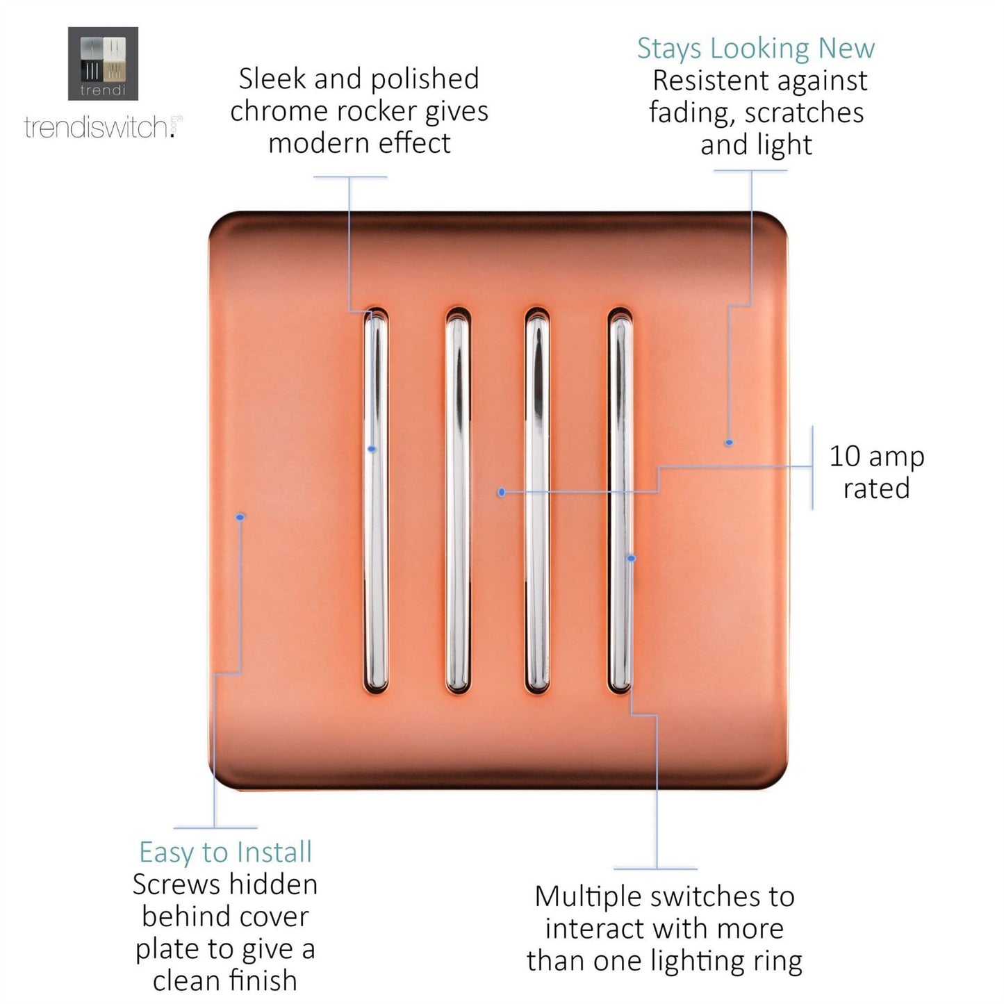 Trendi 4 Gang 2 Way Artistic Modern Glossy 10 Amp Rocker Tactile Light Switch Copper
