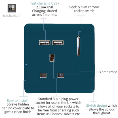 Trendi 1 Gang Artistic Modern Glossy 13 Amp 2x2.1mA USB Switched Tactile Midnight Blue