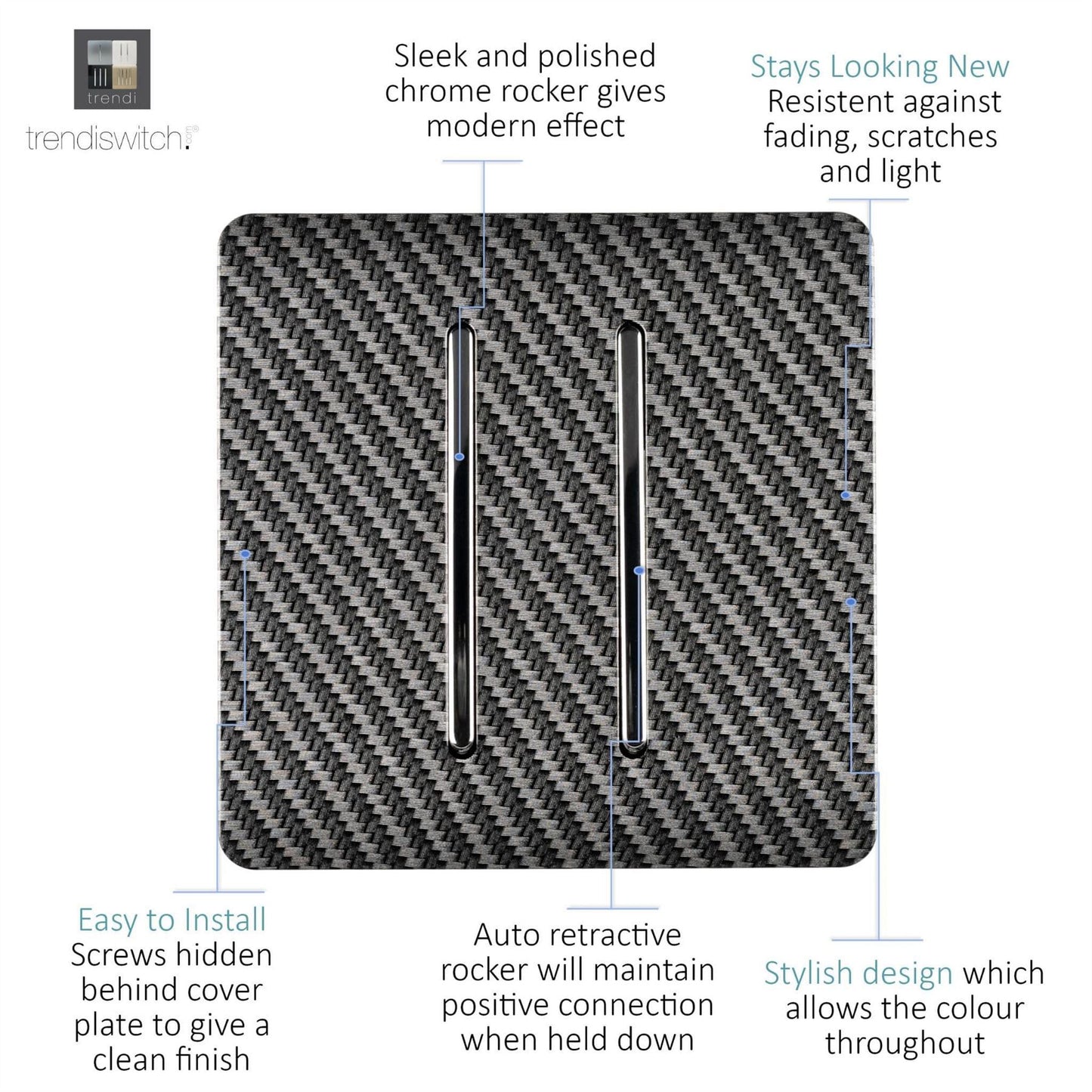 Trendi Switch 2 Gang Modern Designer Retractive Doorbell Switch in Carbon Fibre