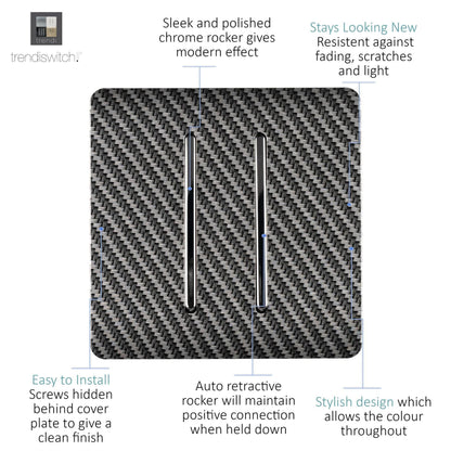 Trendi Switch 2 Gang Modern Designer Retractive Doorbell Switch in Carbon Fibre