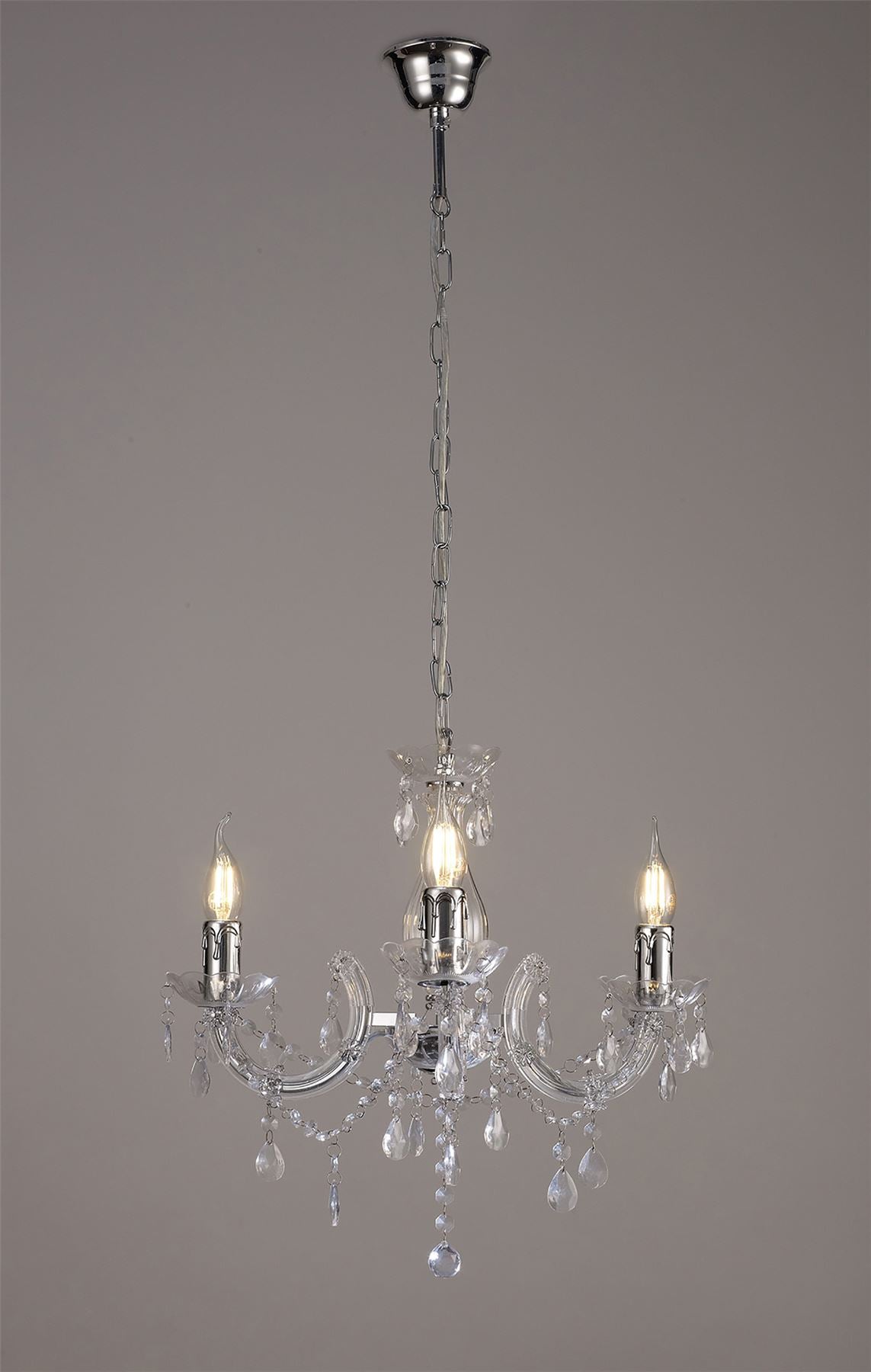 Deco Floria Chandelier with Acrylic Sconce & Acrylic Droplets 3 Light E14 Polished Chrome Finish