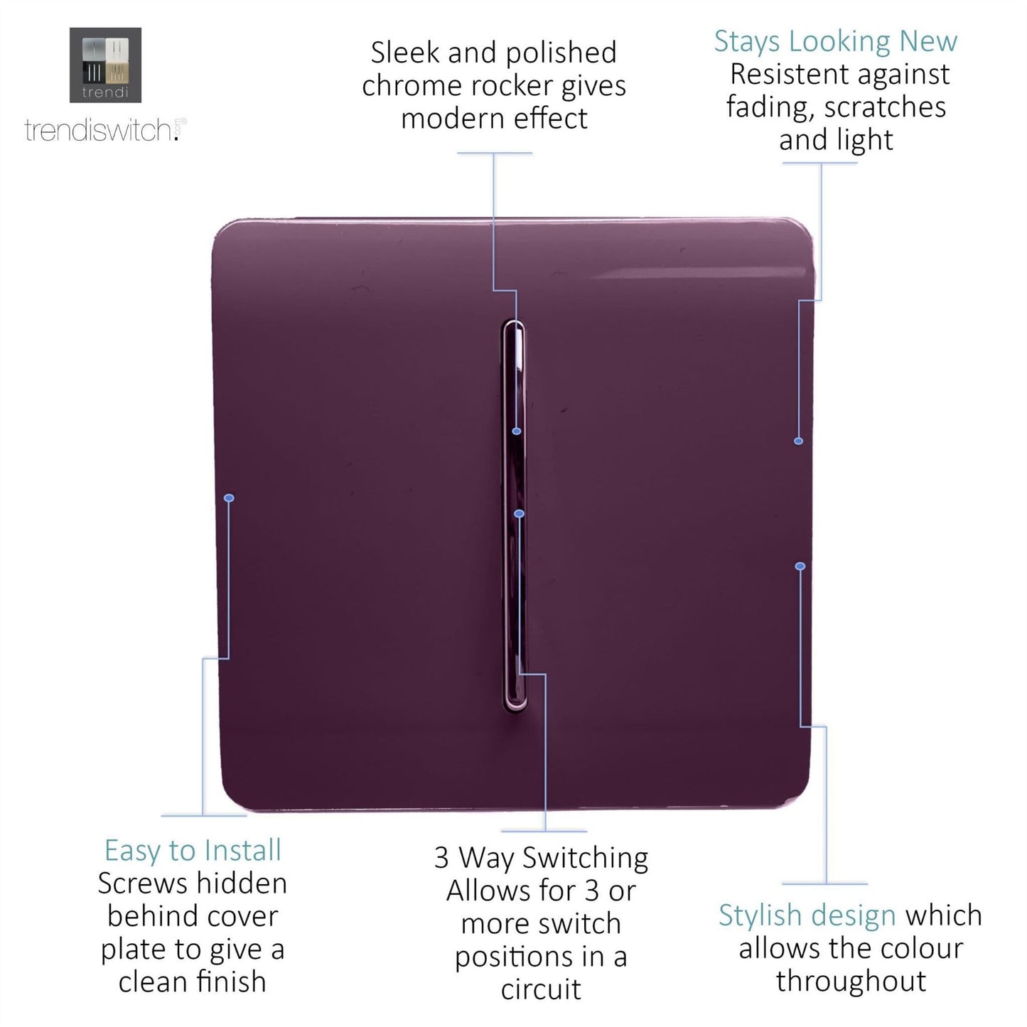 Trendi 1 Gang 3 Way Intermediate Artistic Modern Glossy 10 Amp Rocker Tactile Plum