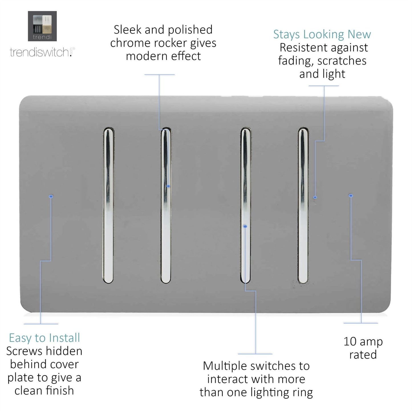 Trendi 4 Gang (2 Way & 1x Intermediate) Glossy 10 Amp Rocker Light Switch Light Grey