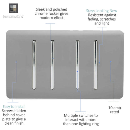 Trendi 4 Gang (2 Way & 1x Intermediate) Glossy 10 Amp Rocker Light Switch Light Grey