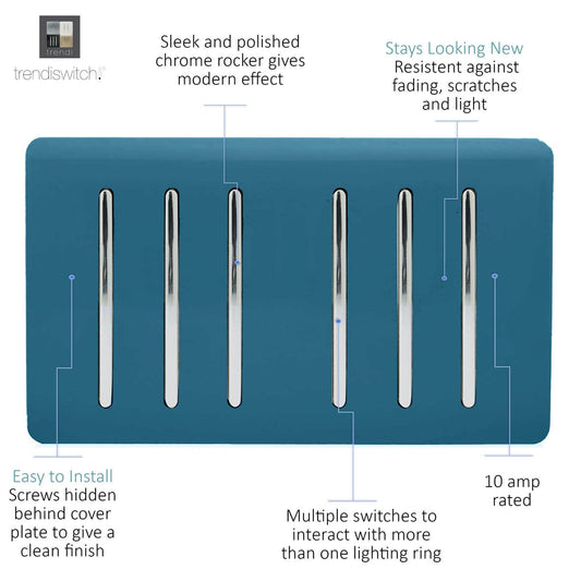 Trendi Artistic Modern Glossy 6 Gang 2 Way Rocker Double Plate Tactile Light Switch Midnight Blue