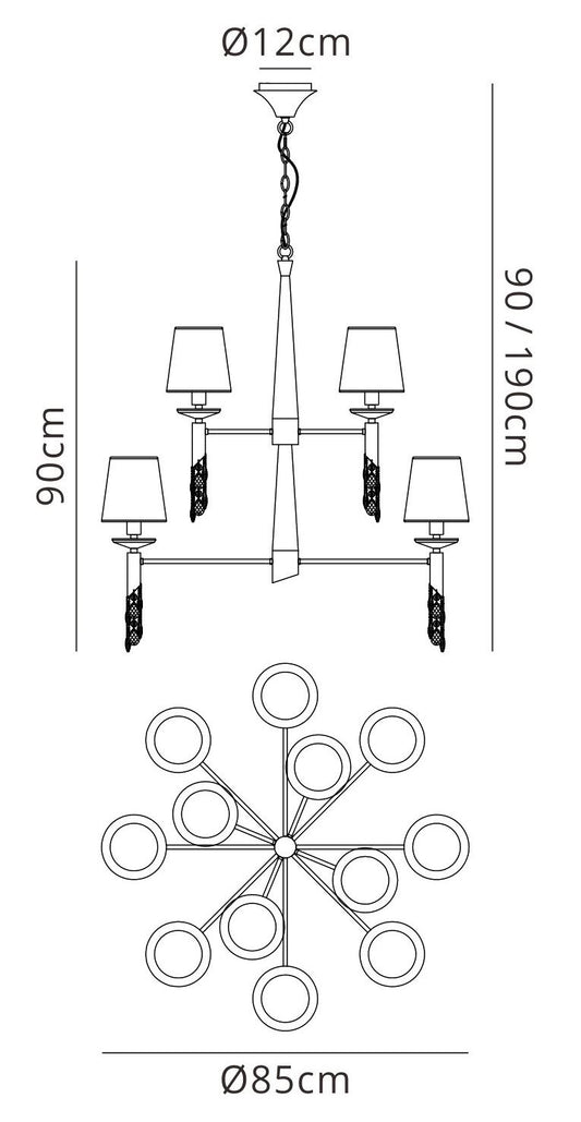 Mantra Tiffany 85cm Pendant 2 Tier 12+12 Light E14+G9, French Gold with Cream Shades & Clear Crystal