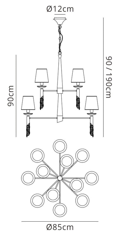 Mantra Tiffany 85cm Pendant 2 Tier 12+12 Light E14+G9, French Gold with Cream Shades & Clear Crystal