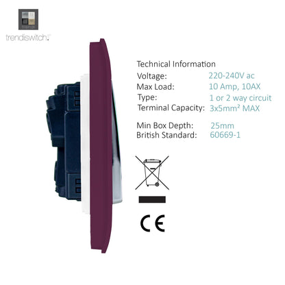 Trendi 1 Gang 2 Way 240V Screwless Artistic Modern Glossy 10 Amp Chrome Rocker Electrical Wall Light Switch in Plum Purple (2 pack)