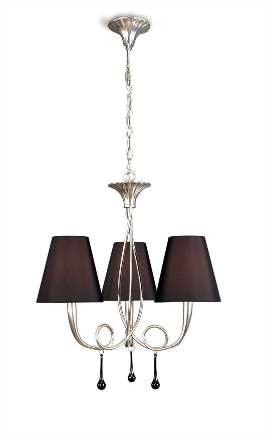 Mantra M0532 Paola Pendant 3 Light E14, Silver Painted with Black Shades & Black Glass Droplets