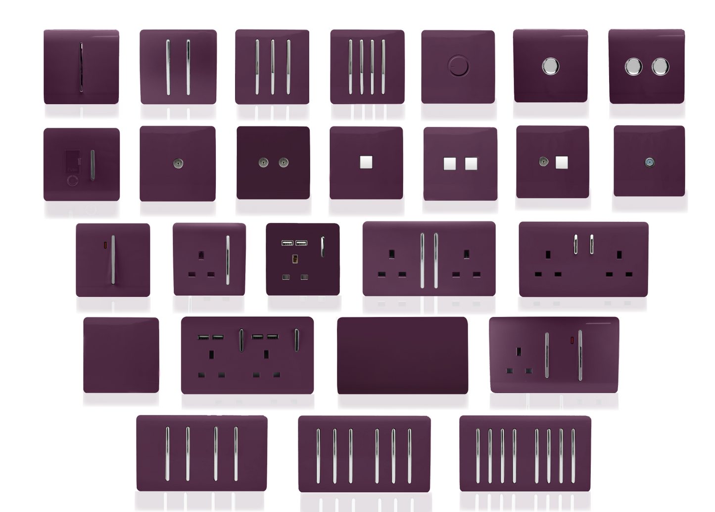 Trendi 2 Gang Artistic Modern Glossy 13 Amp Switched Tactile Plug Socket Plum (5 Pack)