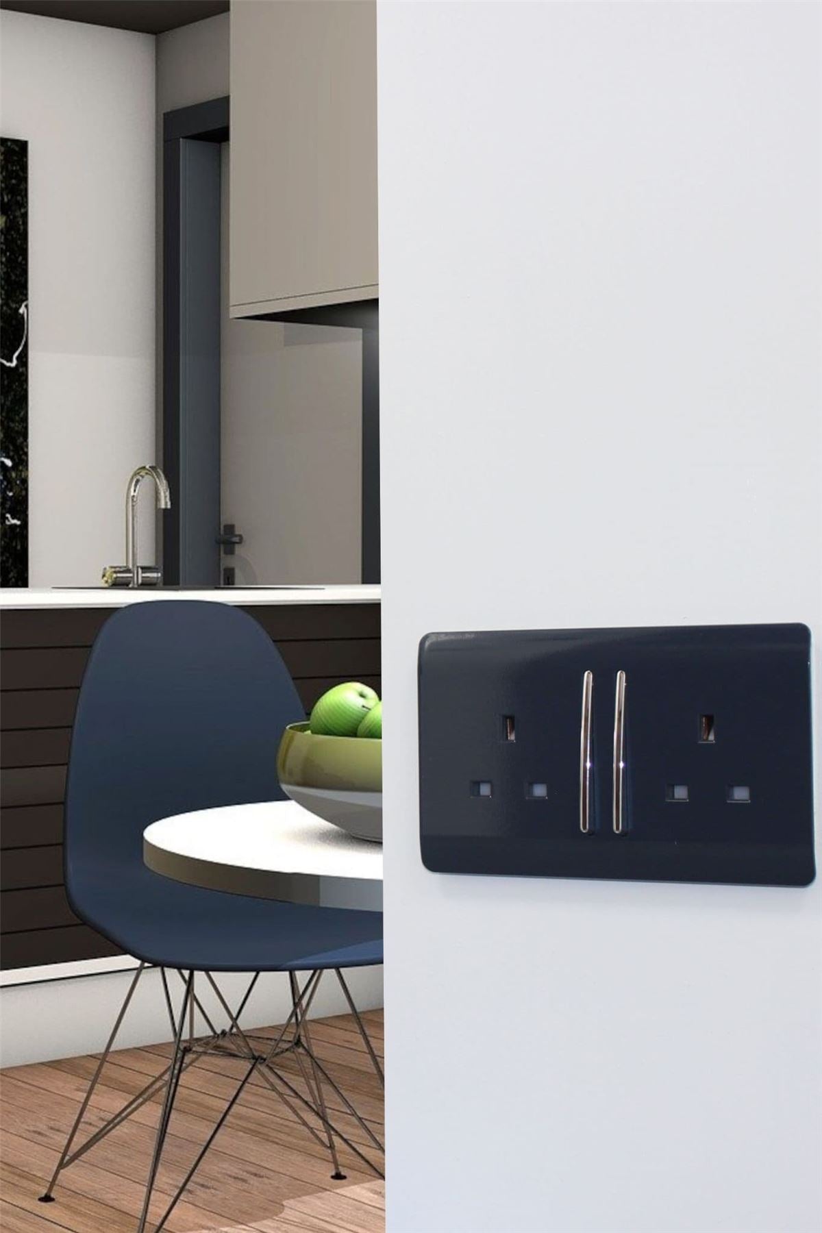 Trendi 2 Gang Raised Artistic Modern Glossy Screwless 13 Amp Single Pole with Chrome Switched UK Standard Electrical Double Wall Plug Socket in Navy Blue - ART-SKT213LNV