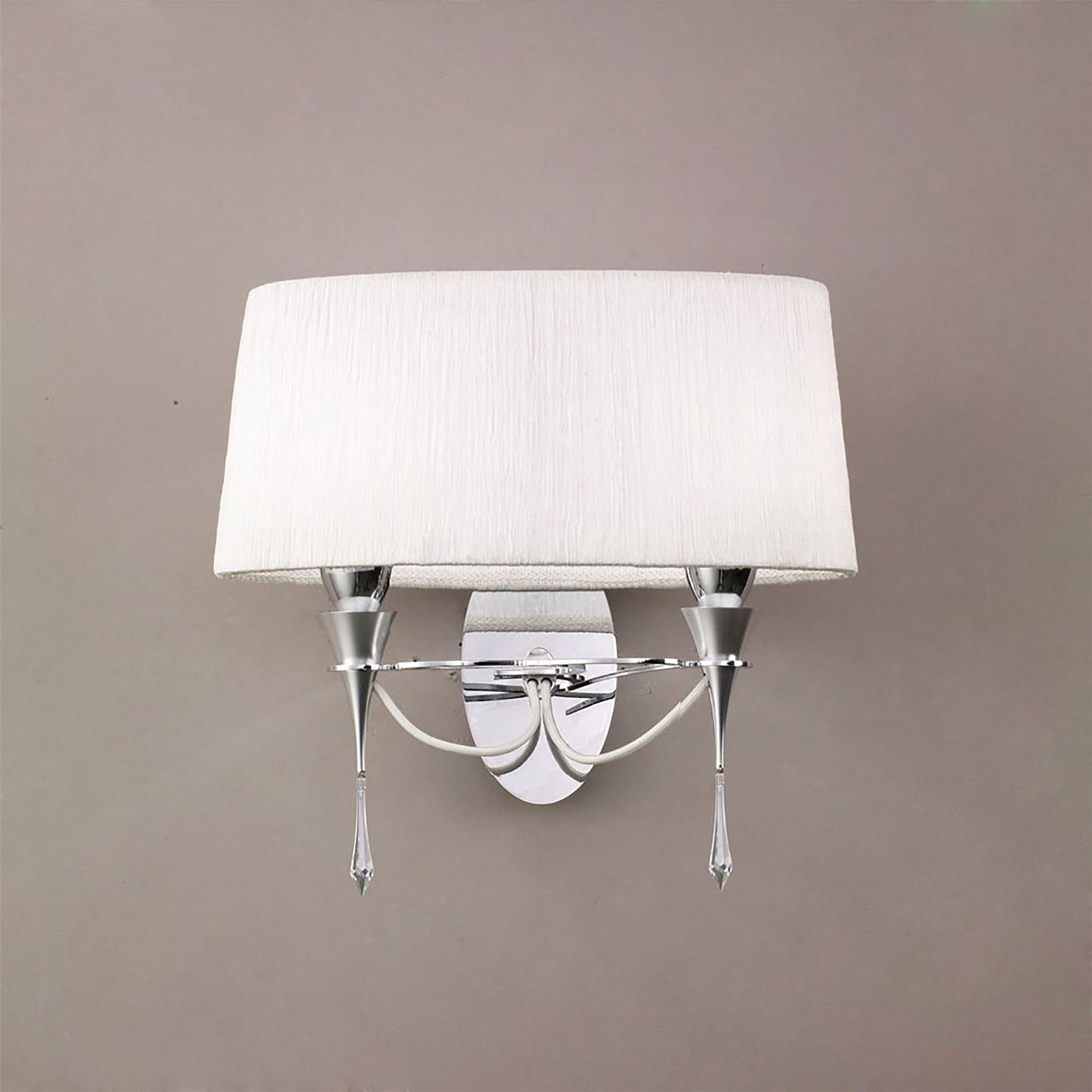 Mantra Lucca Wall Light Switched 2 Light E27, Polished Chrome with White Shade & Clear Crystal