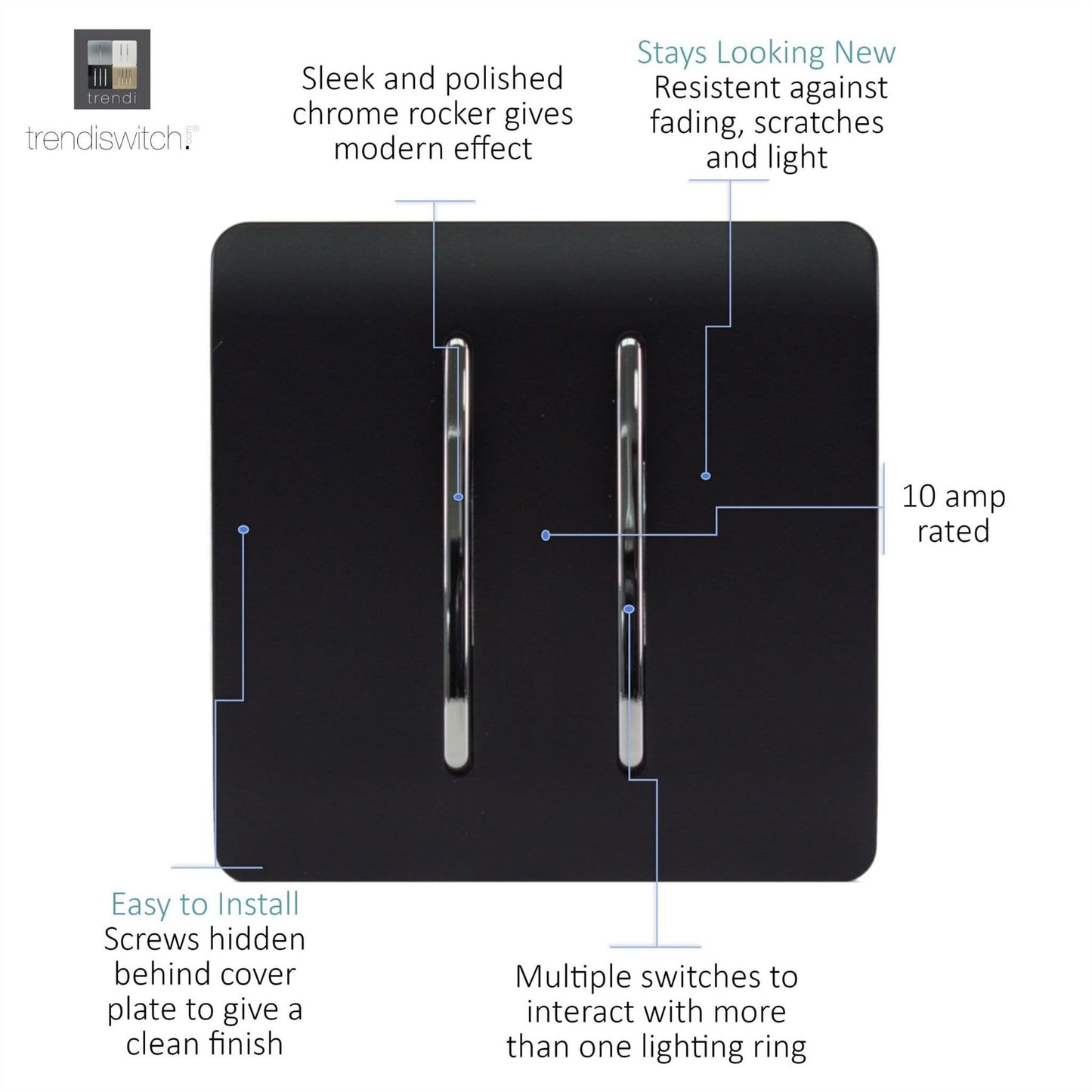 Trendi 2 Gang (2 Way & 3 way Intermediate) 240V Screwless Raised Front Plate Plastic Artistic Modern Glossy 10 Amp Chrome Rocker Double Electrical Wall Light Switch Matt Black - ART-SS29MBK