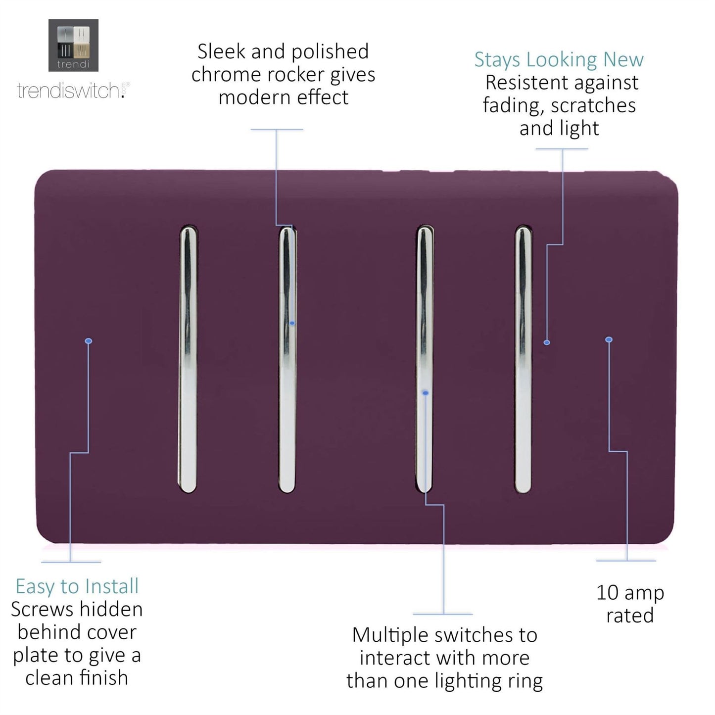 Trendi Artistic Modern Glossy 4 Gang 2 Way  Rocker Double Plate Tactile Light Switch Plum
