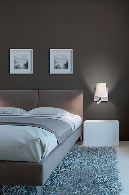 Mantra M5232 Bahia Wall Light with Large Back Plate 1 Light E27 + Reading Light 3W LED with White Shade Satin Nickel 4000K, 200lm,, 3yrs Warranty