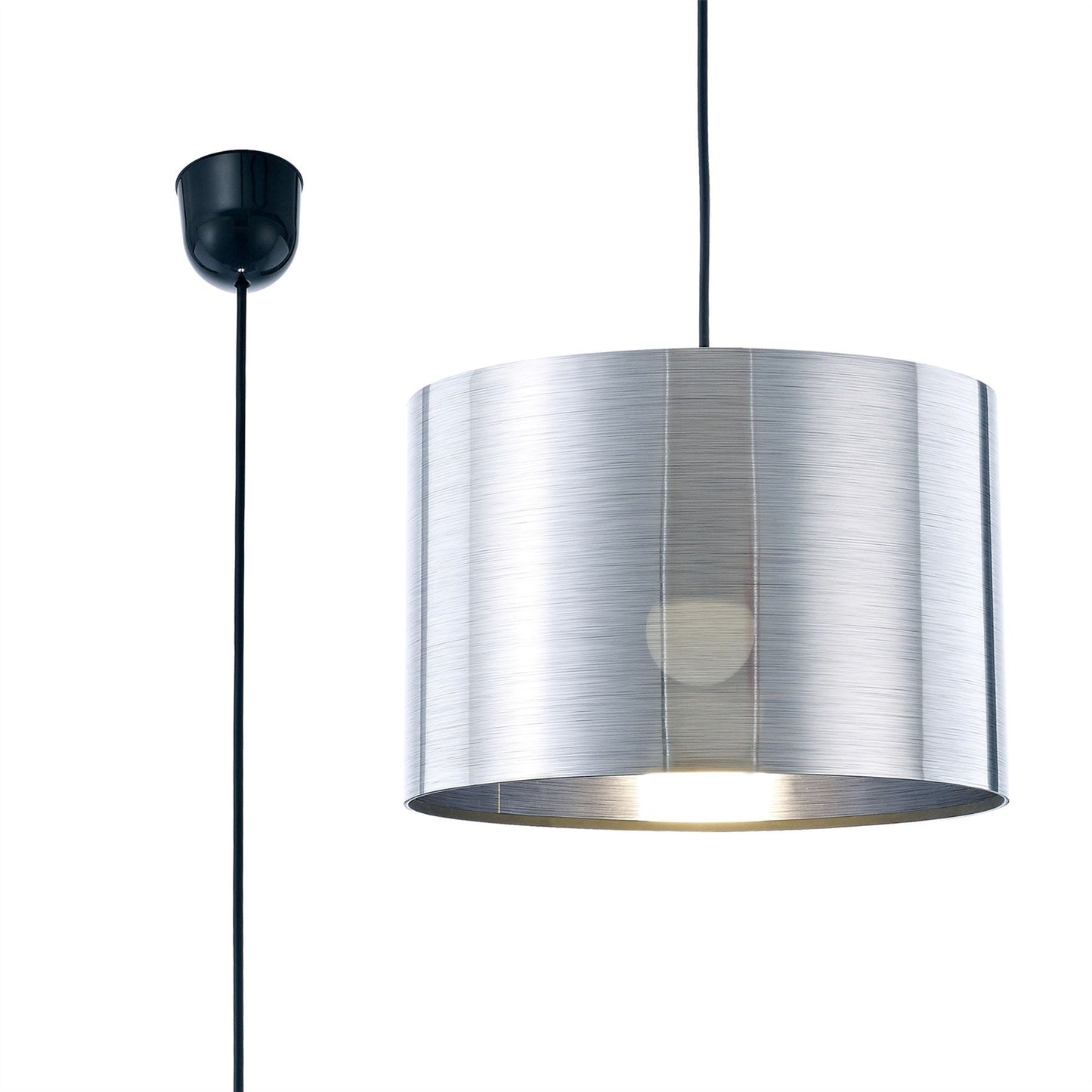 Deco Dako Black Pendant 1 Light E27 with 300 x 200mm Metallic Chrome Finish Cylinder Shade, c/w Ceiling Bracket