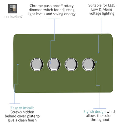 Trendi 4 Gang 2 Way 240V 100w LED Dimmer Screwless Raised Front Plate Plastic Artistic Modern Glossy 10 Amp Chrome Single Electrical Wall Light Switch in Moss Green - ART-4LDMMG