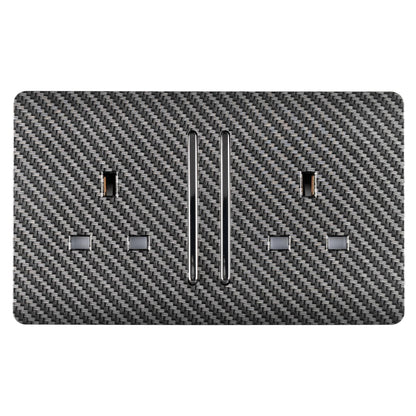 Trendi 2 Gang Artistic Modern Glossy 13 Amp Long Switched Tactile Plug Socket Carbon Fibre (7 Pack)