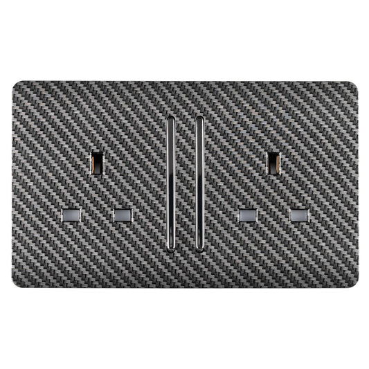 Trendi 2 Gang Artistic Modern Glossy 13 Amp Long Switched Tactile Plug Socket Carbon Fibre (7 Pack)