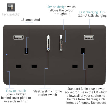 Trendi 2 Gang Artistic Modern Glossy 13 Amp 2 x 3.1mA USB Switched Plug Socket Dark Brown