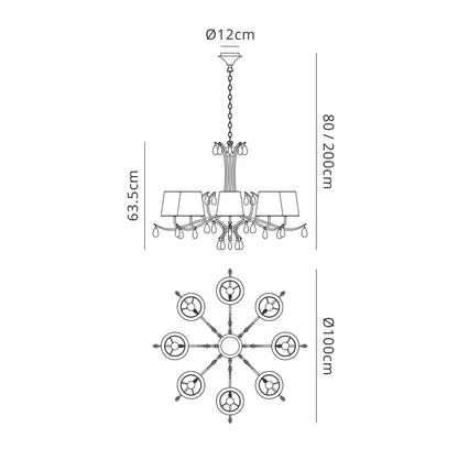Mantra M6312 Andrea Pendant 100cm Round, 8 x E14 (Max 20W), Polished Chrome, White Shades, Black Crystal Droplets