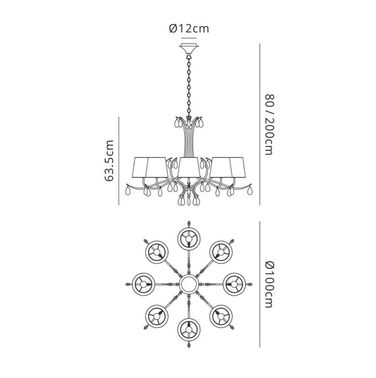 Mantra M6312 Andrea Pendant 100cm Round, 8 x E14 (Max 20W), Polished Chrome, White Shades, Black Crystal Droplets