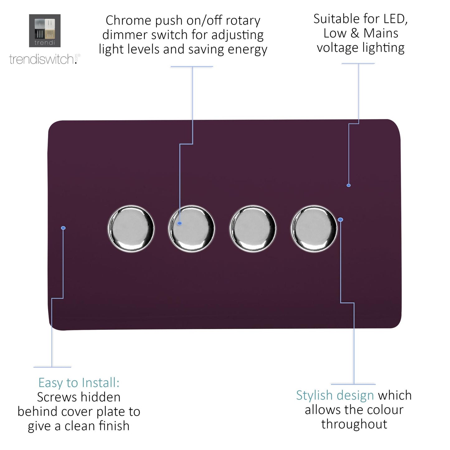 Trendi 4 Gang 2 Way 240V 100w LED Dimmer Screwless Raised Front Plate Plastic Artistic Modern Glossy 10 Amp Chrome Single Electrical Wall Light Switch in Plum - ART-4LDMPL