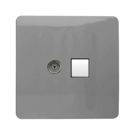 Trendi Switch 2 Gang TV Co-Axial & RJ45 Cat 6 Modern Designer PC Ethernet Sockets in Light Grey