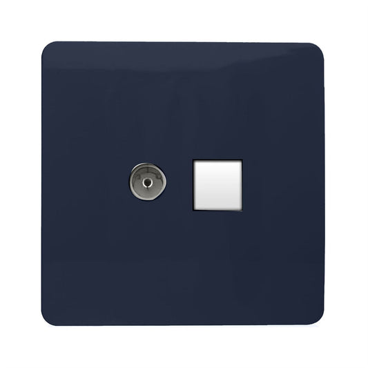 Trendi Artistic Modern Glossy Tactile TV Co-axial Socket + Telephone Socket Navy