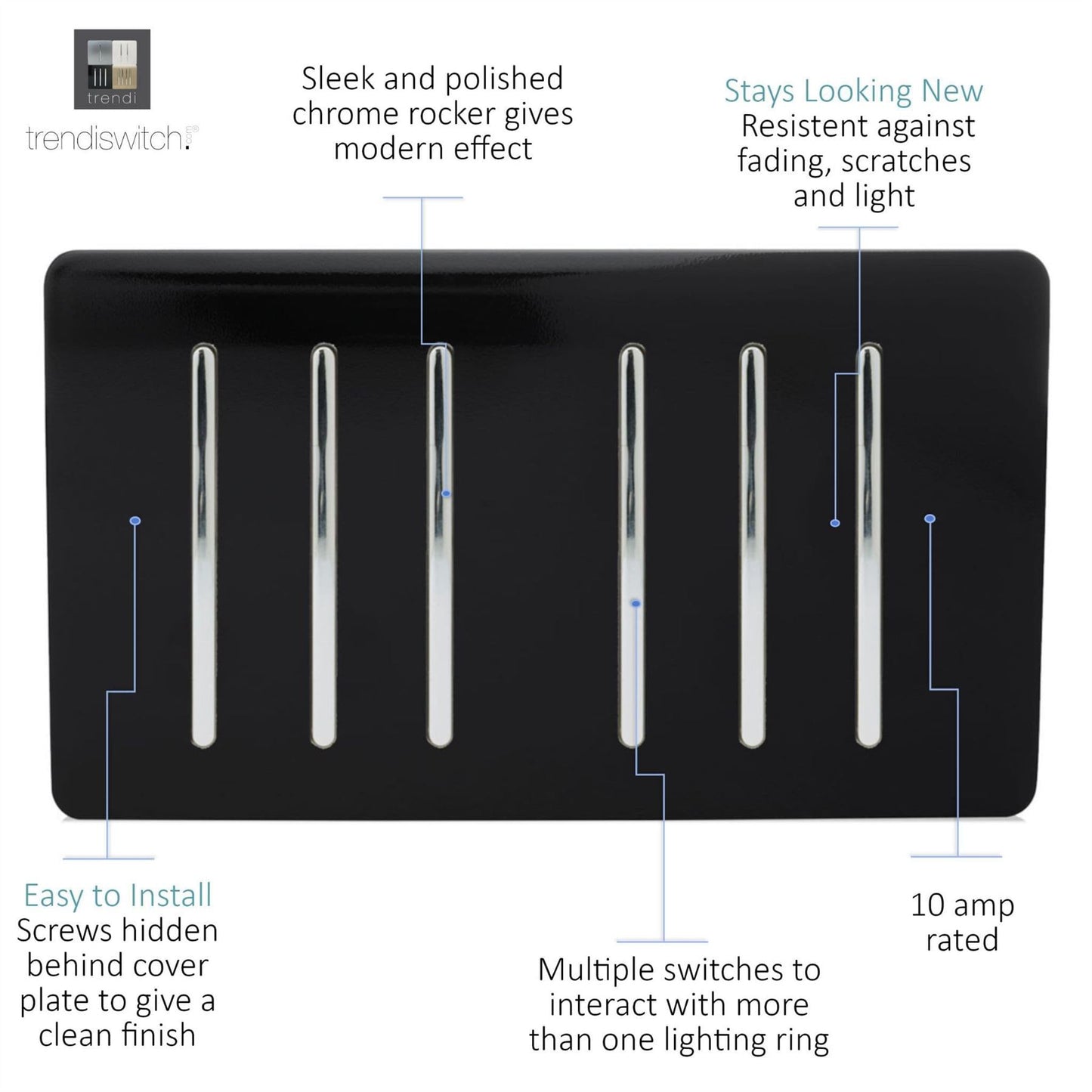 Trendi  6 Gang 2 Way Rocker Double Plate Light Switch in Black - ART-SS66BK