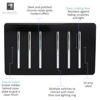 Trendi  6 Gang 2 Way Rocker Double Plate Light Switch in Black - ART-SS66BK