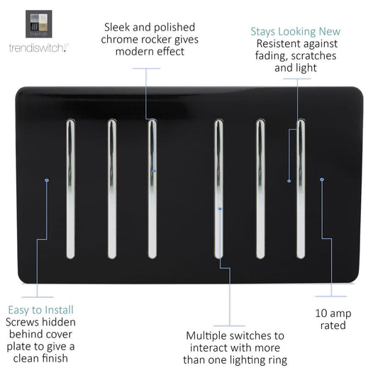 Trendi  6 Gang 2 Way Rocker Double Plate Light Switch in Black - ART-SS66BK