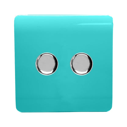 Trendi 2 Gang 2 Way 240V 100w LED Dimmer Screwless Raised Front Plate Plastic Artistic Modern Glossy 10 Amp Chrome Single Electrical Wall Light Switch in Bright Teal - ART-2LDMBT