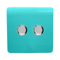 Trendi 2 Gang 2 Way 240V 100w LED Dimmer Screwless Raised Front Plate Plastic Artistic Modern Glossy 10 Amp Chrome Single Electrical Wall Light Switch in Bright Teal - ART-2LDMBT