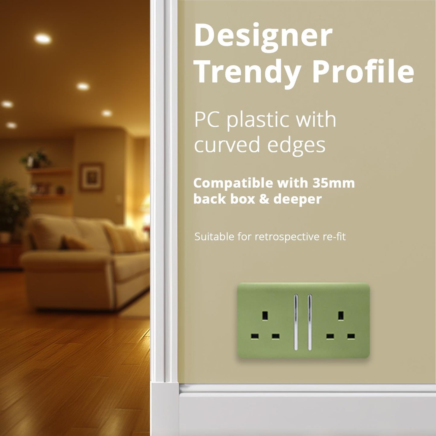 Trendi 2 Gang Artistic Modern Glossy 13 Amp Switched Plug Socket Moss Green (7 Pack)