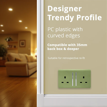 Trendi 2 Gang Artistic Modern Glossy 13 Amp Switched Plug Socket Moss Green (7 Pack)