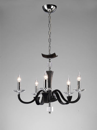 Diyas Nardini 60cm  5 Light E14 Polished Chrome/Black Faux Leather/Crystal Ceiling Pendant Light Fitting