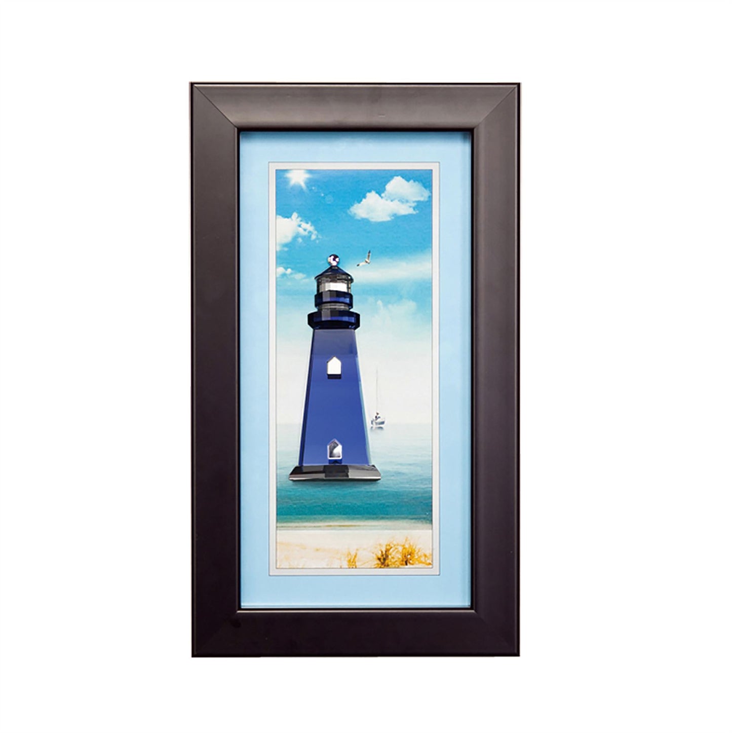 Diyas Home Crystal Wall Art (DH) Aqua Lighthouse, Black Frame, Clear, Blue Crystal