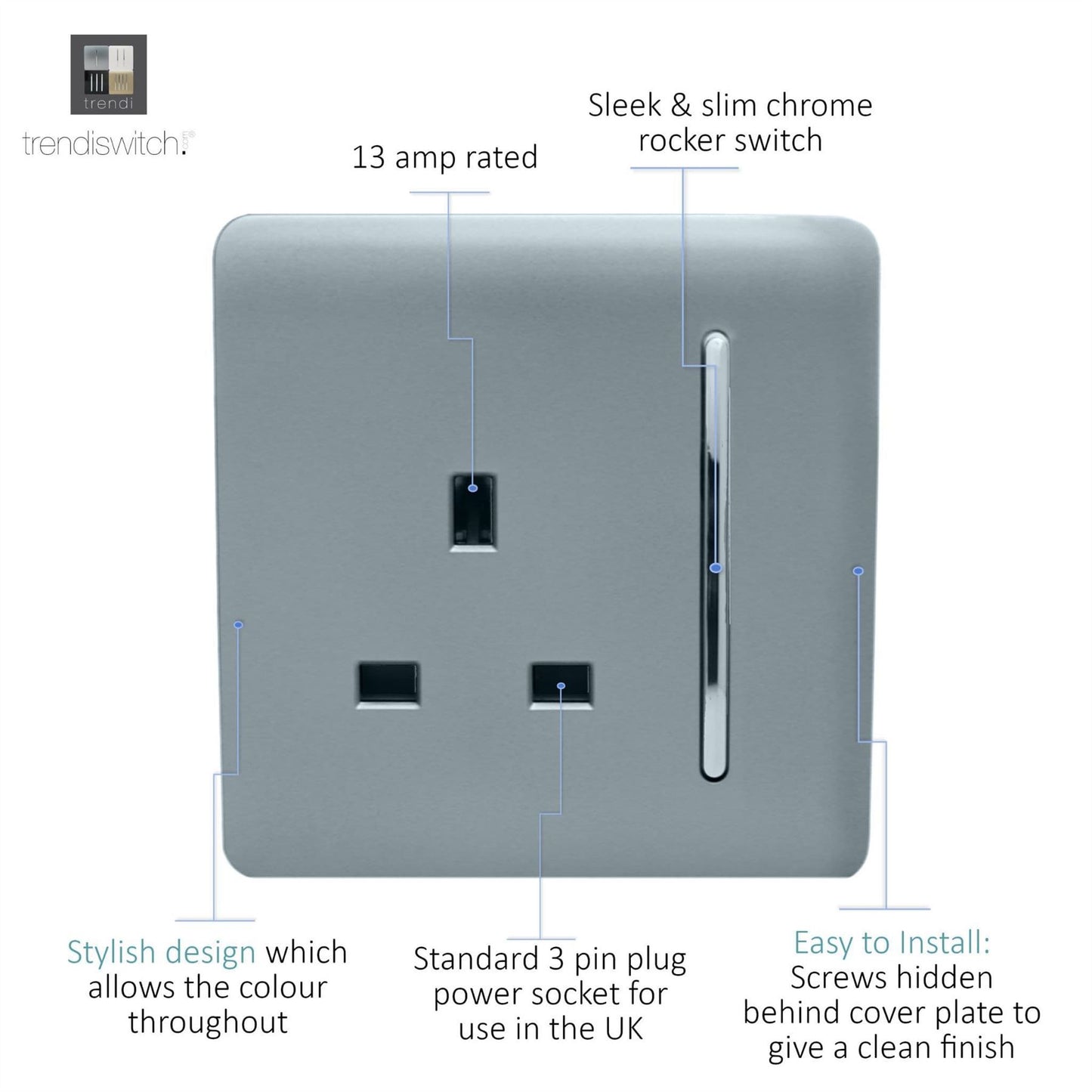 Trendi 1 Gang Artistic Modern Glossy 13 Amp Switched Tactile Plug Socket Cool Grey