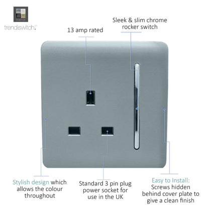 Trendi 1 Gang Artistic Modern Glossy 13 Amp Switched Tactile Plug Socket Cool Grey