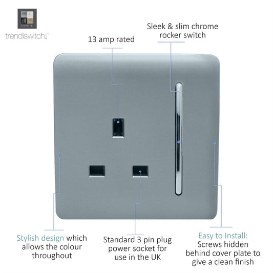 Trendi 1 Gang Artistic Modern Glossy 13 Amp Switched Tactile Plug Socket Cool Grey