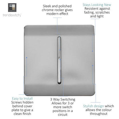 Trendi 1 Gang 3 Way Intermediate Artistic Modern Glossy 10 Amp Rocker Light Switch Stainless Steel