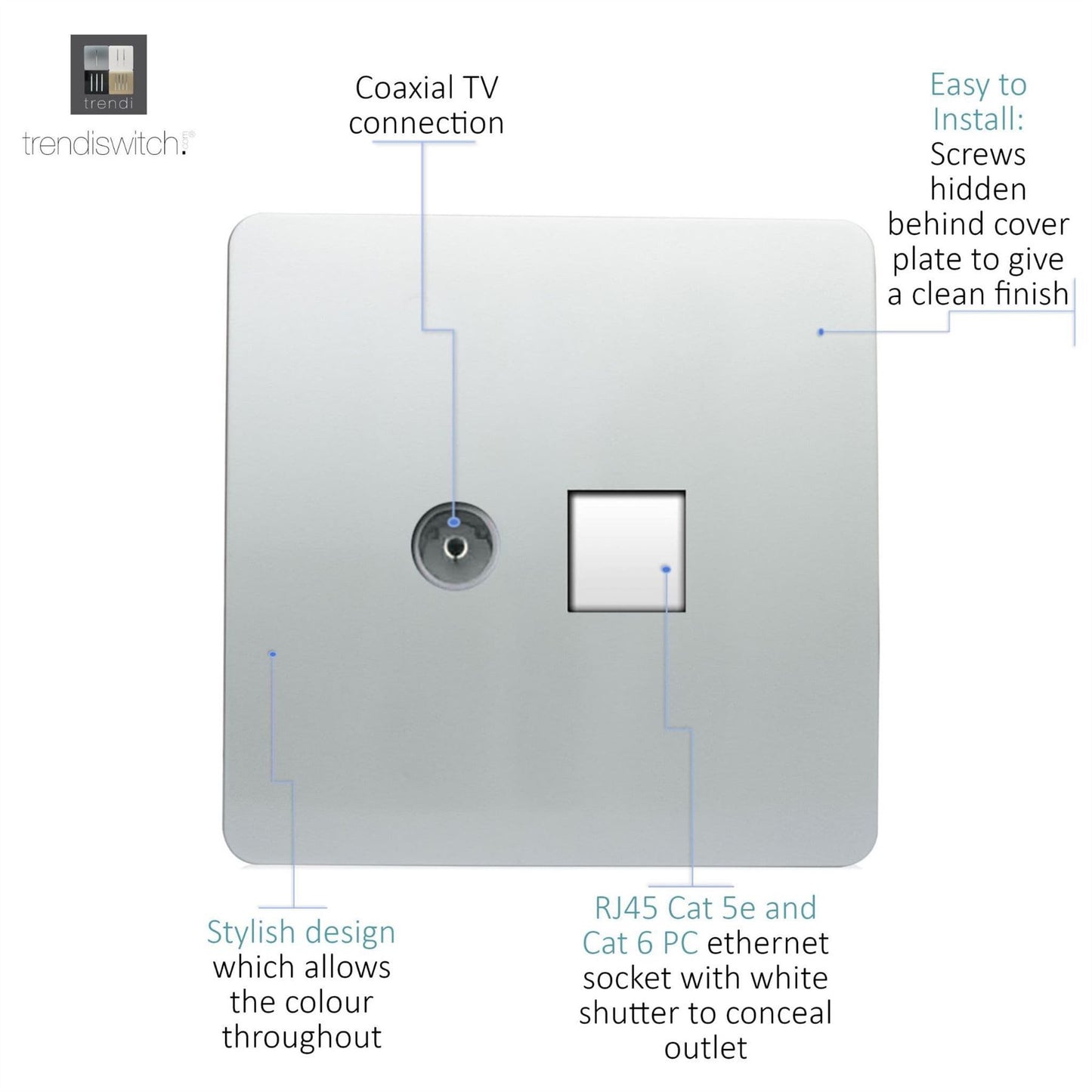 Trendi  TV Co-axial Socket + PC RJ45 Cat 5e & Cat 6 Ethernet Socket Silver