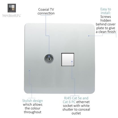 Trendi  TV Co-axial Socket + PC RJ45 Cat 5e & Cat 6 Ethernet Socket Silver
