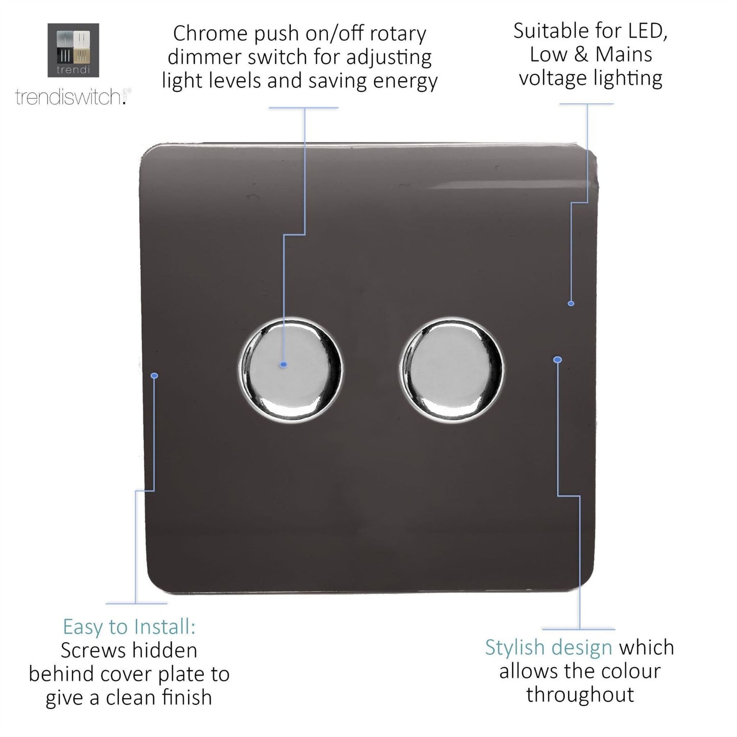 Trendi 2 Gang 2 Way 240V 100w LED Dimmer Screwless Raised Front Plate Plastic Artistic Modern Glossy 10 Amp Chrome Single Electrical Wall Light Switch in Mocha Brown - ART-2LDMDB