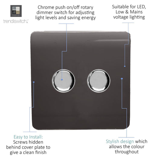 Trendi 2 Gang 2 Way 240V 100w LED Dimmer Screwless Raised Front Plate Plastic Artistic Modern Glossy 10 Amp Chrome Single Electrical Wall Light Switch in Mocha Brown - ART-2LDMDB